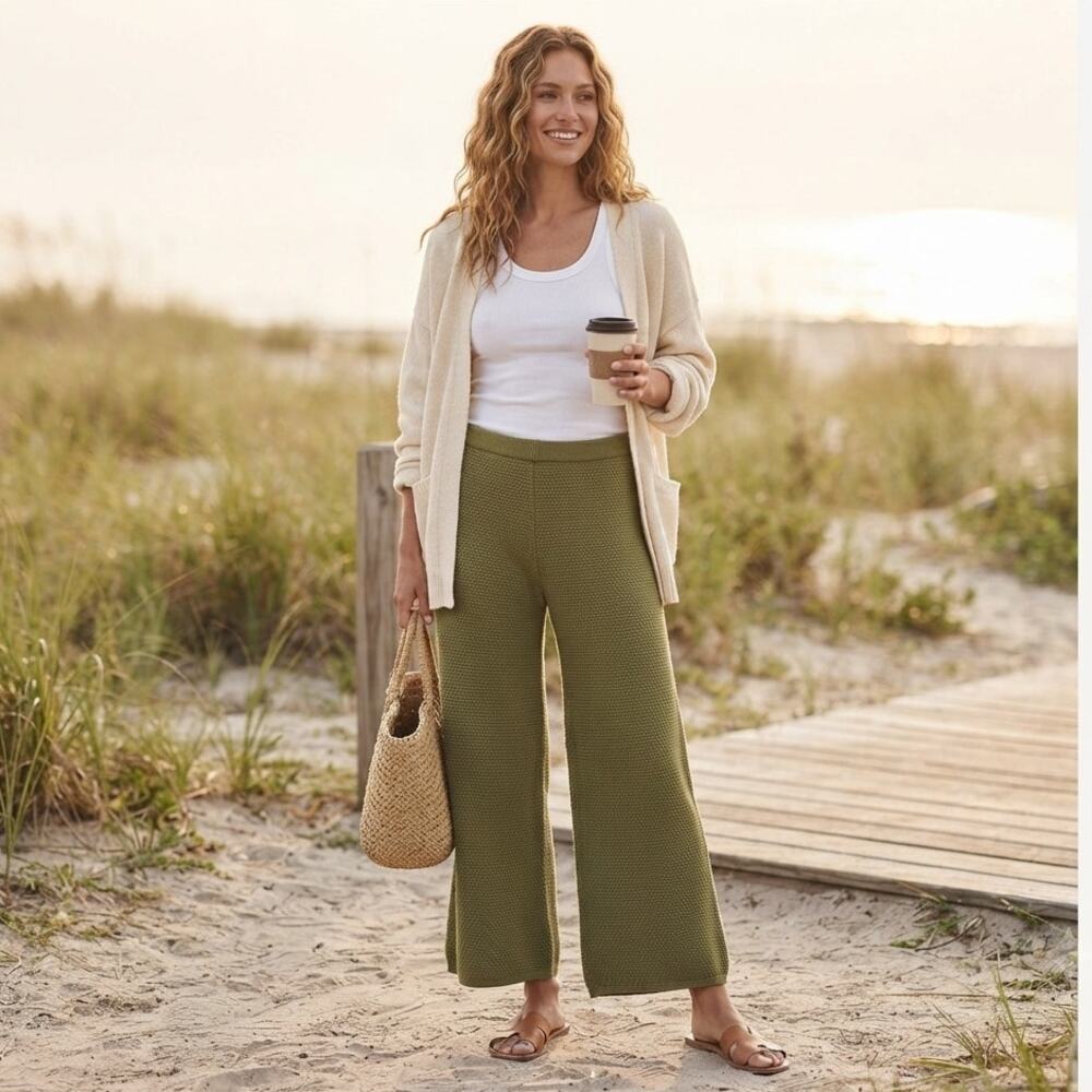 FP Beach Olive Green Textured Knit Wide Leg Lounge Pants Coastal Grandmother L